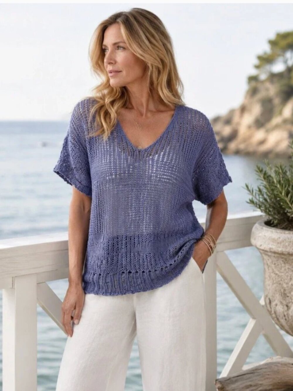Eileen Fisher Blue Angel Cotton Metallic Stitch Crochet Sweater Top Size Small